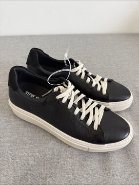 Steve Madden Forrte Black Leather Sneakers with Cream Laces